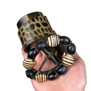 Vintage 90's Garuglieri Brown Embossed Leather Belt Beaded Brass Buckle Medium